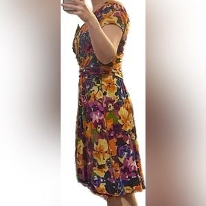 Womens Size Medium Garnet Hill Floral Faux Wrap Garden Lined Dress, cotton modal